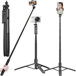 Long Selfie Stick Tripod, Extra-Long Selfie Stick with Tripod Stand Upto 61 inch/156 cm, Bluetooth Selfie Stick for YouTube Video Overhead Shoot Tripod,Camera Ring Light Holder for Gopro