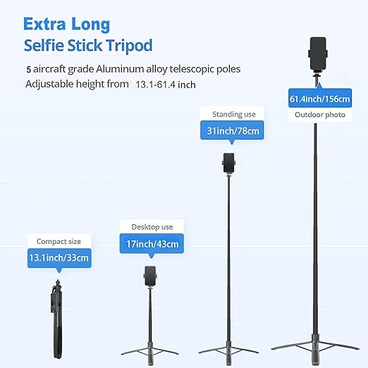 Long Selfie Stick Tripod, Extra-Long Selfie Stick with Tripod Stand Upto 61 inch/156 cm, Bluetooth Selfie Stick for YouTube Video Overhead Shoot Tripod,Camera Ring Light Holder for Gopro - Image 2