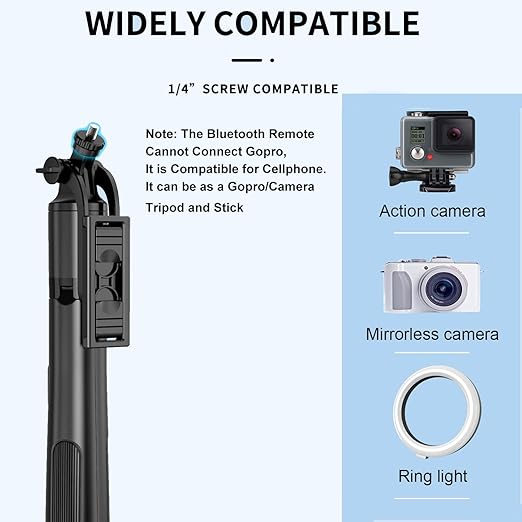 Long Selfie Stick Tripod, Extra-Long Selfie Stick with Tripod Stand Upto 61 inch/156 cm, Bluetooth Selfie Stick for YouTube Video Overhead Shoot Tripod,Camera Ring Light Holder for Gopro - Image 3