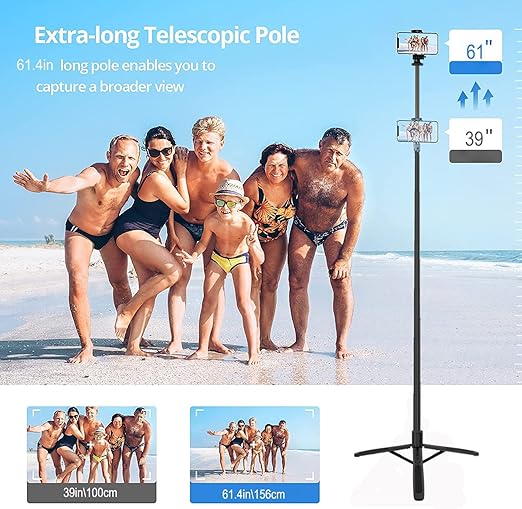 Long Selfie Stick Tripod, Extra-Long Selfie Stick with Tripod Stand Upto 61 inch/156 cm, Bluetooth Selfie Stick for YouTube Video Overhead Shoot Tripod,Camera Ring Light Holder for Gopro - Image 6