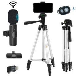 GADGETSWEAR 3110 Aluminium Lightweight Tripod for Mobile Phone Stand,(Combo with Wireless Mic & Remote) Camera Shooting Recording Holder for Youtubers, Light Shoot tripods, YouTube Video 360 Rotation