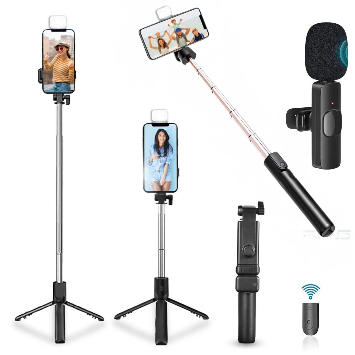 GADGETSWEAR Mobile Stand Selfie Stick Phone with Tripod Holder for Video  Recording, (Combo with K8 Mic), Vlogging Accessories Kit, Making