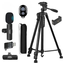 GADGETSWEAR 3366 Height Adjustable Aluminium Tripod 55-Inch with Wireless Microphone Combo, Phone Stand Mobile Making Video Recording Camera for DSLR, 360 Degree Photo Shooting Accessories holder