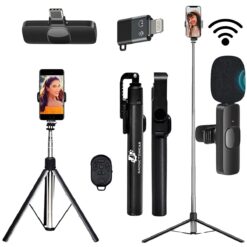 mobile stand selfie stick phone with tripod for video recording (Combo with Wireless Mic), camera phones holder vlogging shoot sticks kit with remote, 360 degree portable vlog stands