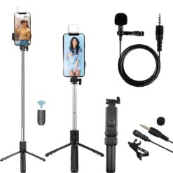 Mobile Stand Selfie Stick with Light Phone & Tripod Holder for Video Recording, (Combo with Collar Mic), Vlogging Accessories Kit, YouTube Making Gadgets Photo/Videos Remote, 360