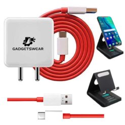 80W Fast Charger Warp/Dash/SUPERVOOC Charger for Smartphone with USB Type C Cable (Combo with Metal Mobile Stand) & Compatible with OnePlus 12/11/11R/10/10 Pro/9/9 Pro/9R/8/8T/7/Nord/CE4