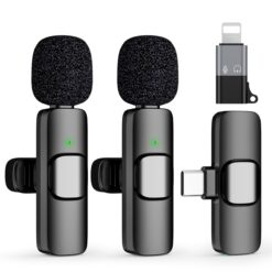 Dual Wireless Microphone Set for iPhone & Android - Clip-on Portable Mics with USB-C & Lightning Adapters, Perfect for Recording, Podcasting, YouTube, and Vlogging - Noise Cancelling