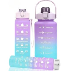 Water Bottle Set, 3 Pieces with Time Markers, 2000ml, 900ml, 300ml, Straw Lid, Motivational Stickers