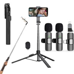 Selfie Stick with Tripod Stand, (Combo with Wireless Mic for Youtuber), Bluetooth Remote, 360 Degree Rotation Portable, Wireless Lavalier Microphone with Type Smartphones & iPhone Support